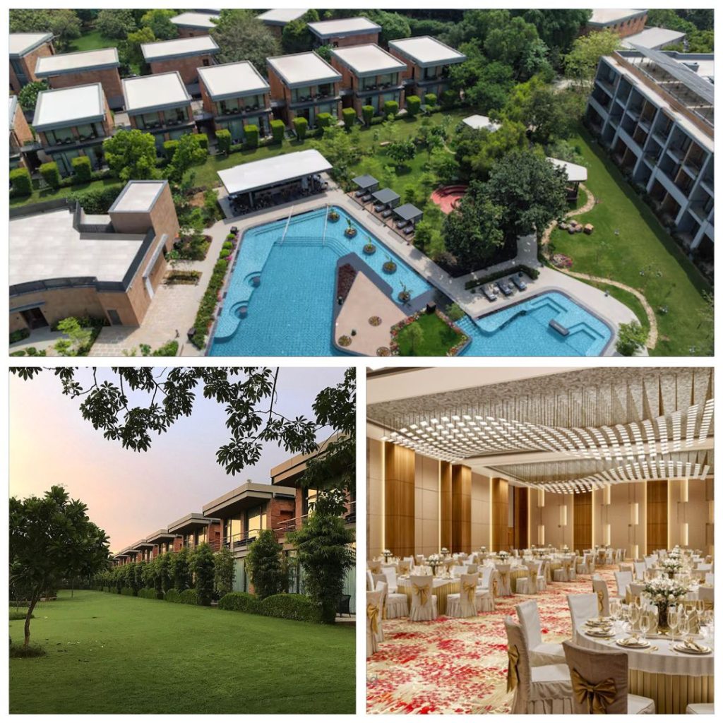 A collage of The Taj Gateway Resort Damdama Lake showing an aerial view of the tiered pool and villas, a lush green lawn area at sunset, and a grand ballroom with elegant gold decor and a modern wave light installation.