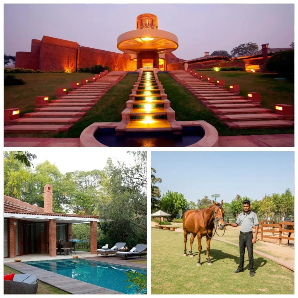 A collage of The Westin Sohna Resort featuring a dramatic illuminated brick water feature at twilight, a private luxury villa with a personal plunge pool, and a staff member leading a horse on the expansive green lawns.