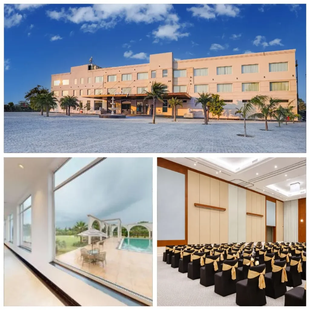 A collage of Sunday Resorts and Spa Manesar featuring its expansive beige exterior with palm trees, a large window view of the outdoor pool area, and a high-ceiling ballroom with black and gold banquet seating.
