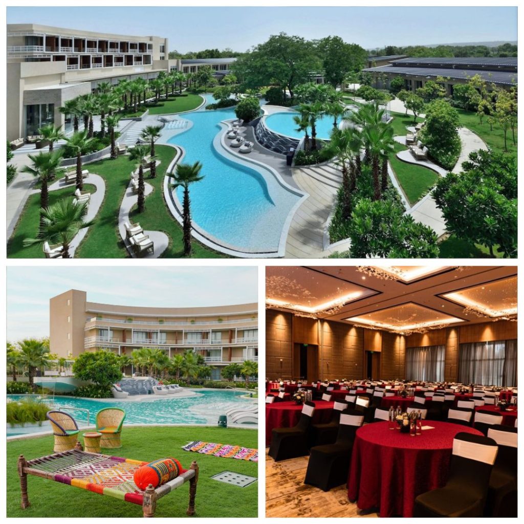A collage of Courtyard by Marriott Aravali Resort featuring an aerial view of the long tiered swimming pool winding through lush lawns, a traditional outdoor seating area with a charpai, and a modern ballroom set with red and black corporate dining tables.
