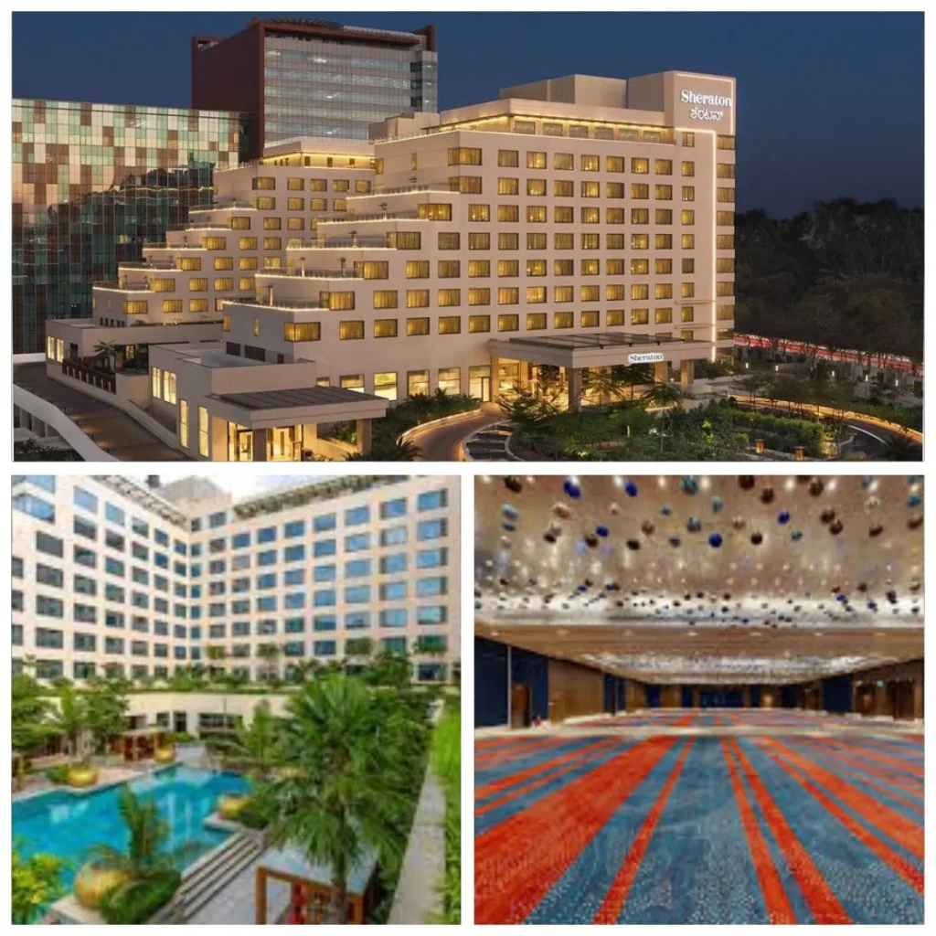 Exterior view and pillarless grand ballroom of Sheraton Grand Bengaluru Whitefield Hotel for corporate offsites.