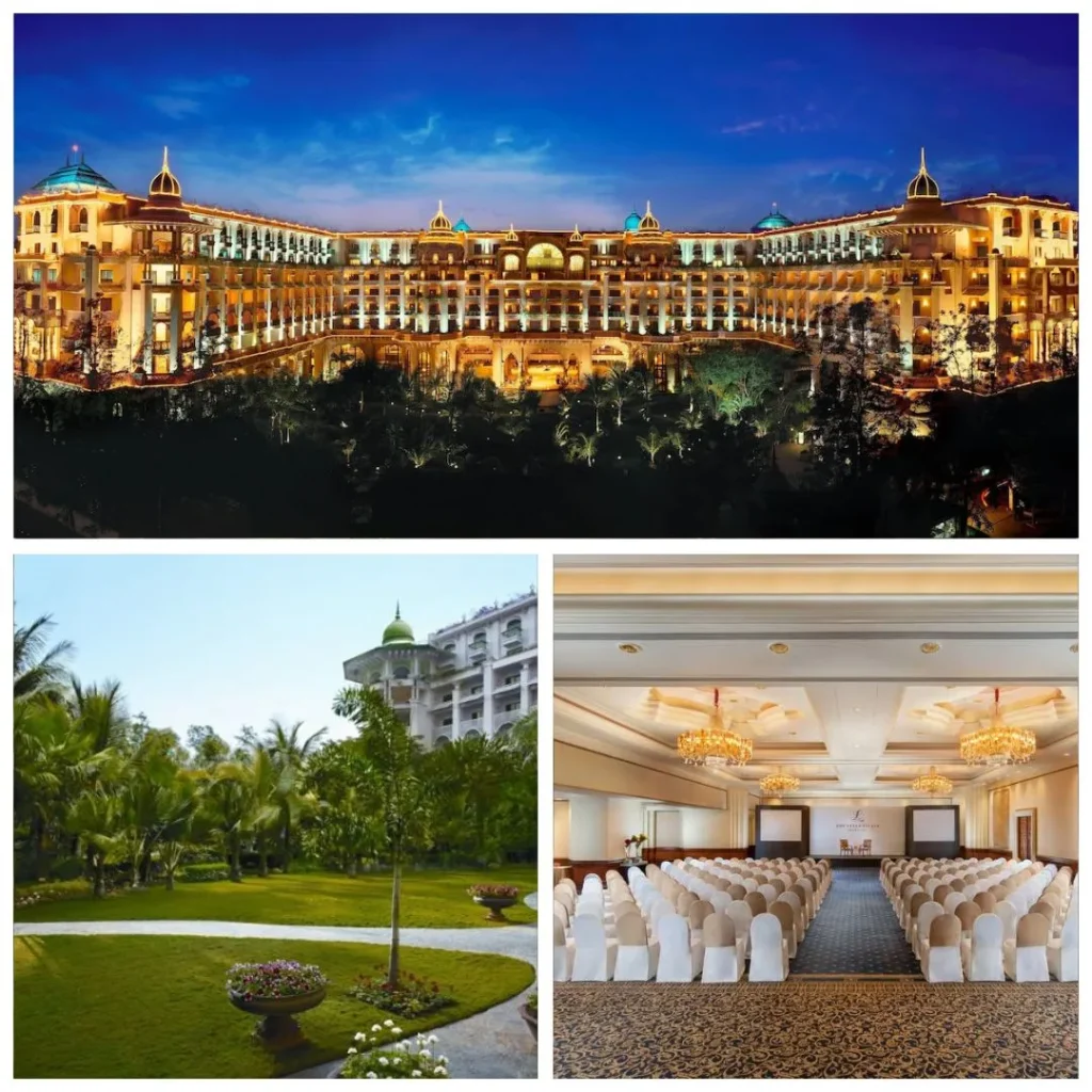 Exterior night view, garden walkway, and grand ballroom setup at The Leela Palace Bengaluru for corporate events.