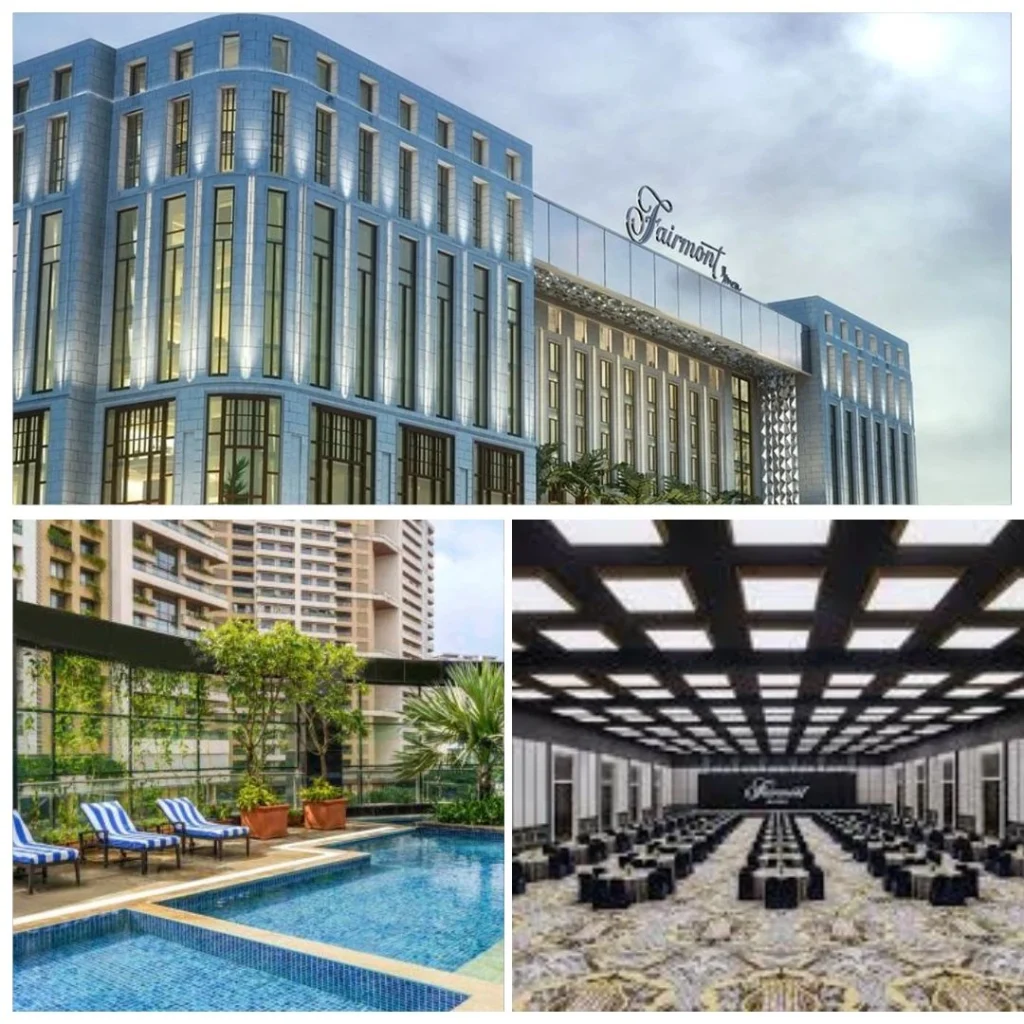 Fairmont Mumbai Sahar – Grandeur for Corporate Strategy Meets A collage of Fairmont Mumbai Sahar showing the luxury hotel exterior, a massive pillarless corporate ballroom, and a scenic rooftop swimming pool area.