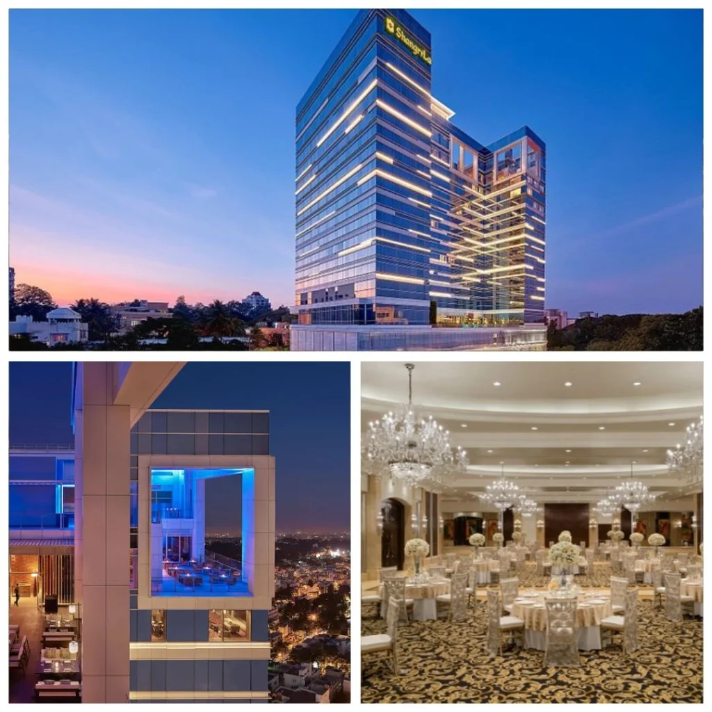 Modern glass exterior of Shangri-La Bengaluru at sunset, rooftop HYPE bar overlooking the city, and a grand ballroom with crystal chandeliers.