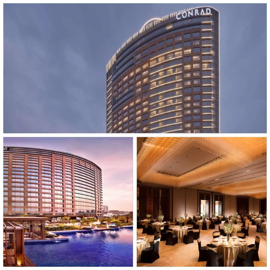 Exterior of Conrad Bengaluru overlooking Ulsoor Lake, luxury outdoor pool deck, and a grand ballroom with gold decor and modern lighting