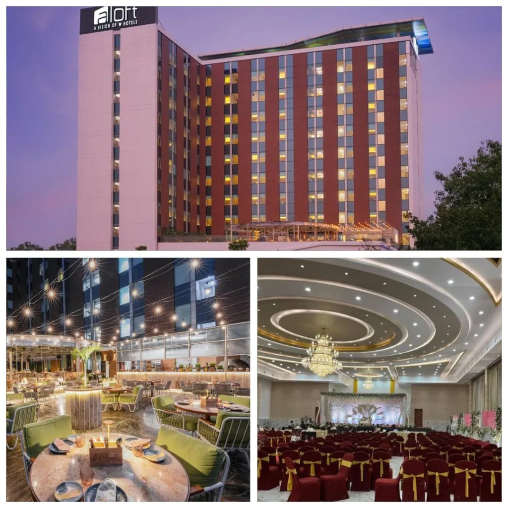 Exterior of Aloft Bengaluru Cessna Business Park, vibrant outdoor dining terrace with fairy lights, and a tech-forward ballroom with theater-style seating