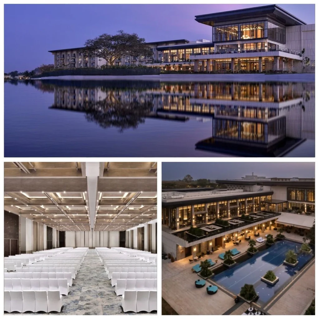 Panoramic reflection of JW Marriott Prestige Golfshire Resort in the water at dusk, a massive theater-style convention hall, and an aerial view of the luxury pool area