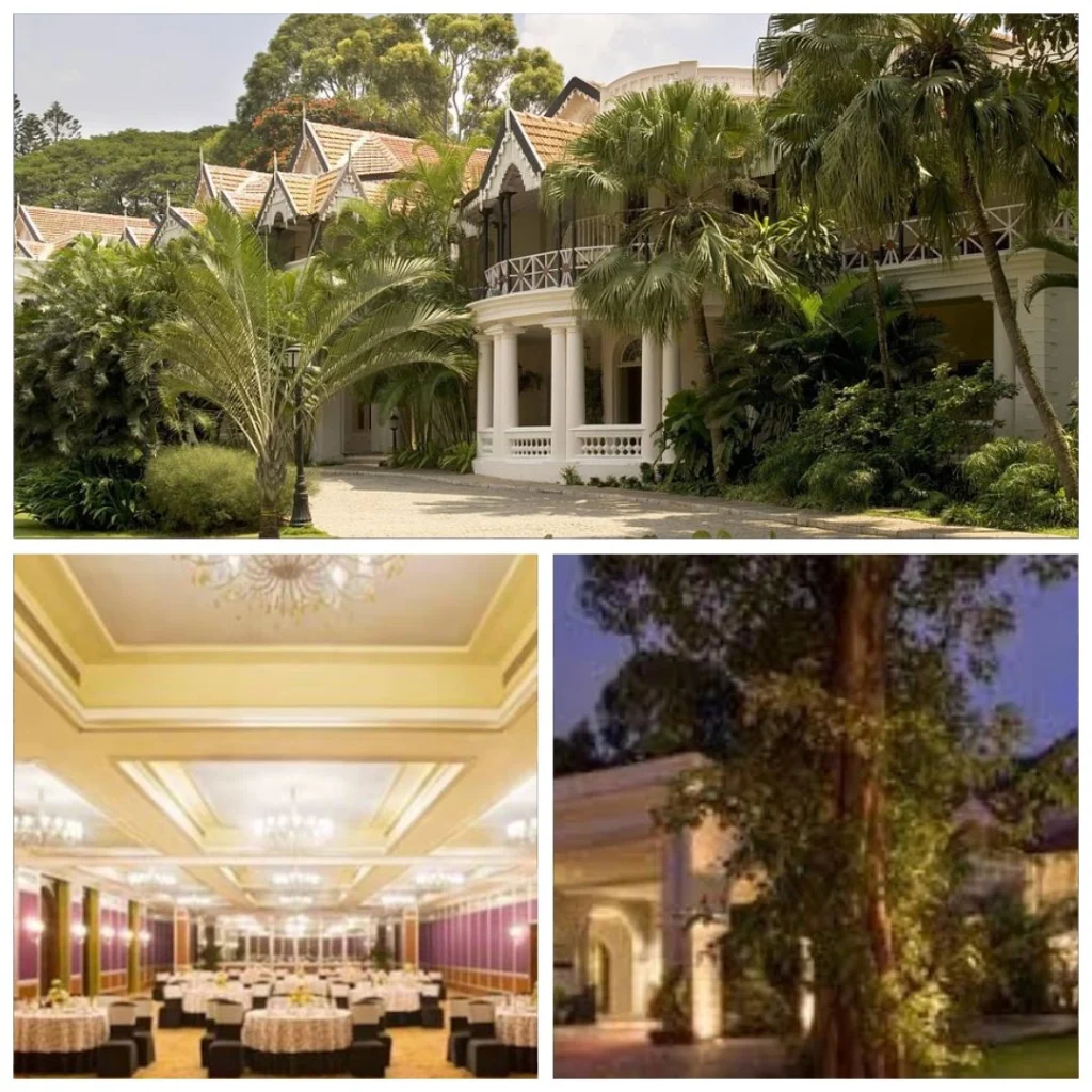 Colonial-style architecture of Taj West End surrounded by tropical gardens, an elegant banquet hall with purple accents, and a century-old tree on the property grounds