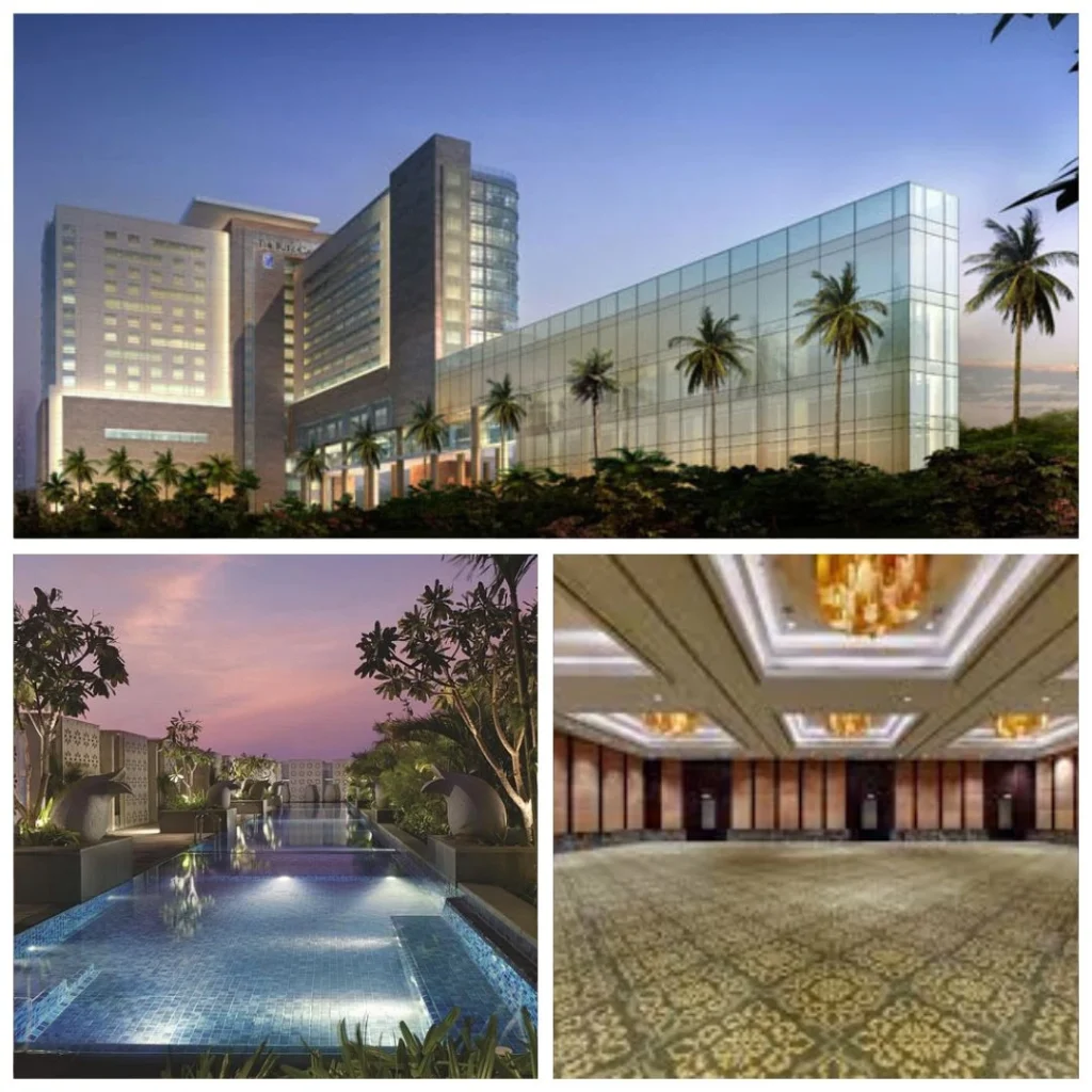 Modern glass and stone exterior of The Ritz-Carlton Bangalore, luxury rooftop infinity pool at dusk, and a grand pillarless ballroom with gold-patterned carpeting
