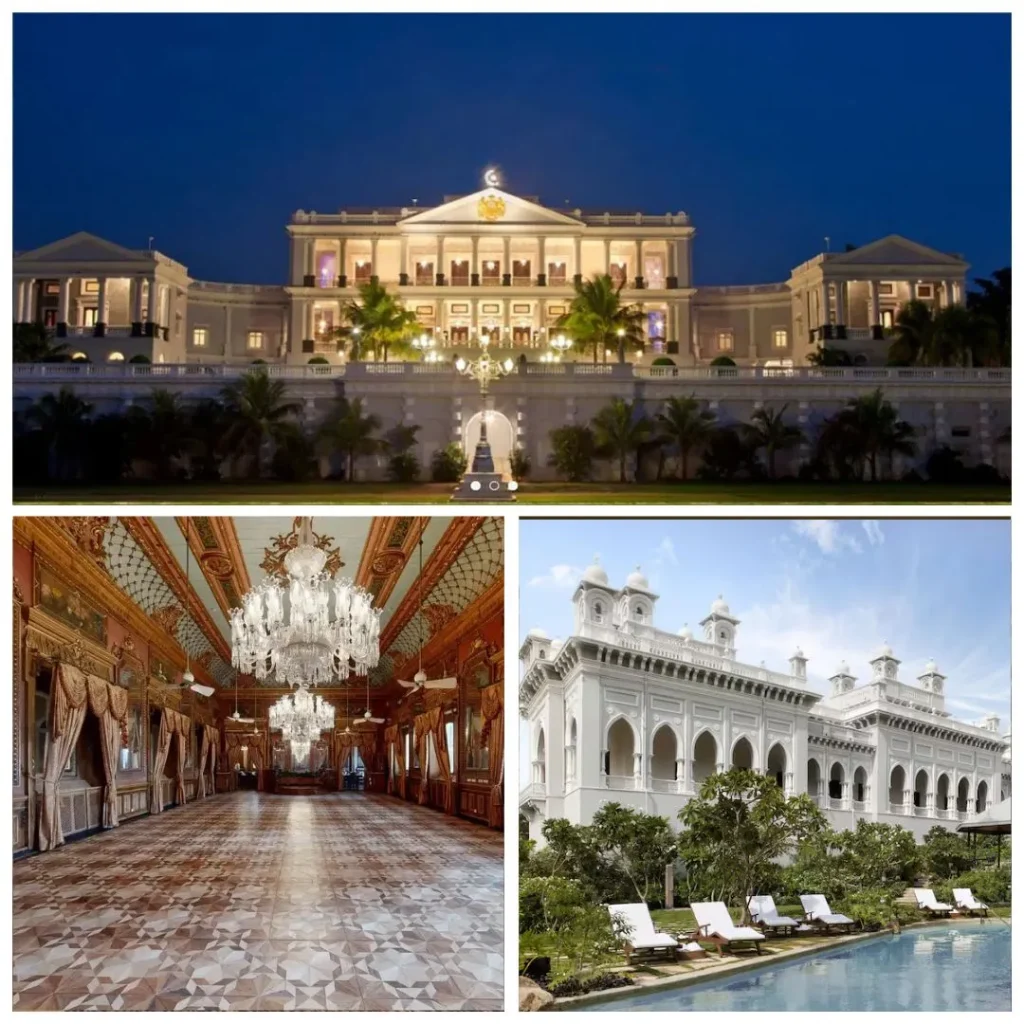 Illuminated exterior view of Taj Falaknuma Palace at night, a premium venue for corporate leadership retreats in Hyderabad