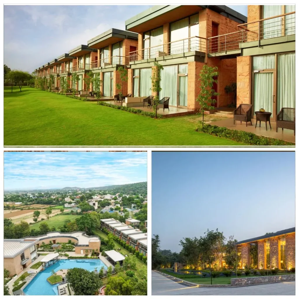 Modern stone-facade luxury villas at The Gateway Resort Damdama Lake with a sprawling green lawn