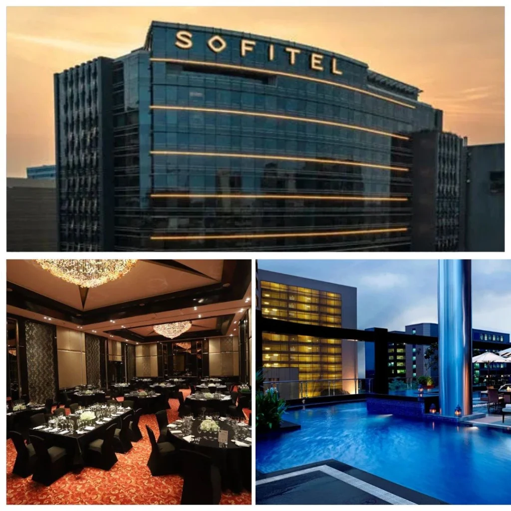 Sofitel Mumbai BKC – French Elegance for Corporate Strategy Meets A luxury collage of Sofitel Mumbai BKC showcasing the glass-facade exterior, an elegant grand ballroom setup with chandeliers, and a modern rooftop swimming pool.