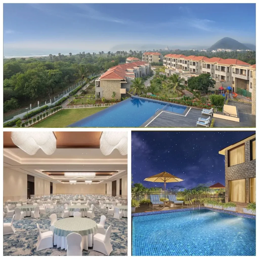 Wide-angle view of Radisson Blu Resort Vizag showing luxury villas, infinity pool, and the Bay of Bengal coastline