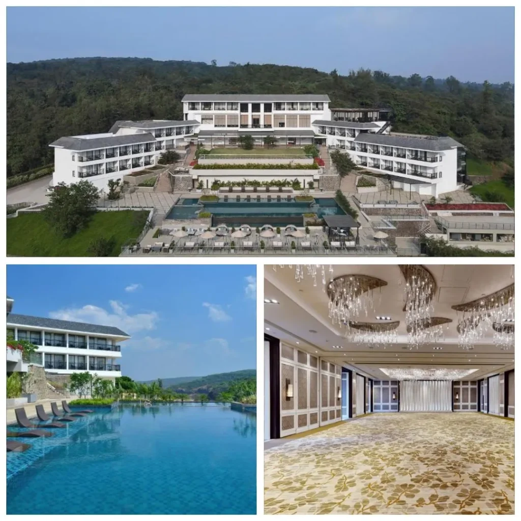 An expansive aerial view of the JW Marriott Walnut Grove Mahabaleshwar, showing the multi-tiered resort structure, landscaped terraces, and infinity pool set against dense forested hills