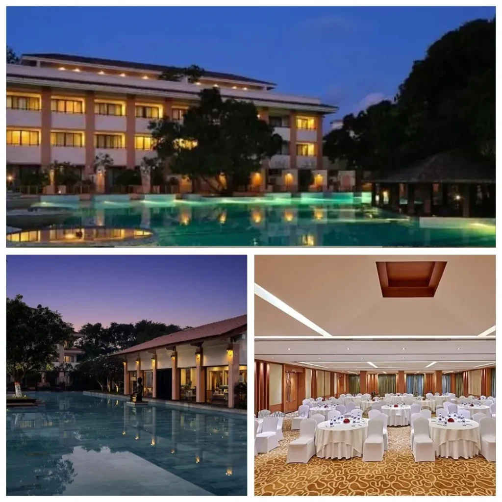 A twilight photograph of the Radisson Blu Resort in Alibaug, showcasing the multi-story hotel building with warm interior lights and a large, brightly illuminated swimming pool with a pavilion