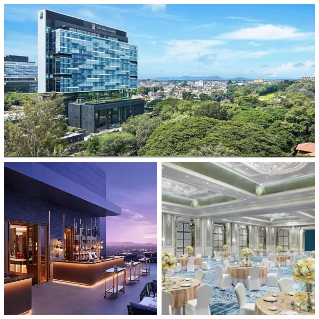 An aerial view of the modern glass facade of The Ritz-Carlton Pune, overlooking the lush greenery of the Poona Club Golf Course and the city skyline