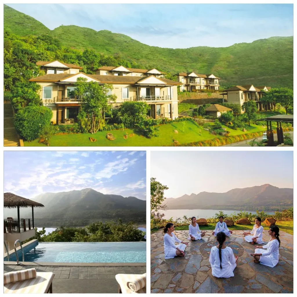 A series of luxury terraced villas at Atmantan Wellness Resort, Mulshi, built into a lush green hillside overlooking the Western Ghats