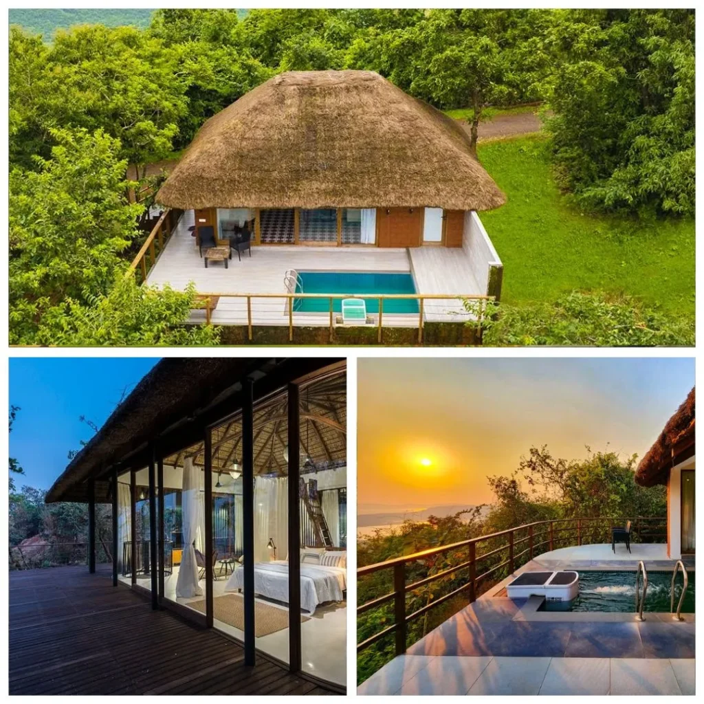 An aerial view of a luxury thatched-roof villa at Forest Hills Tala featuring a private deck and plunge pool surrounded by dense forest
