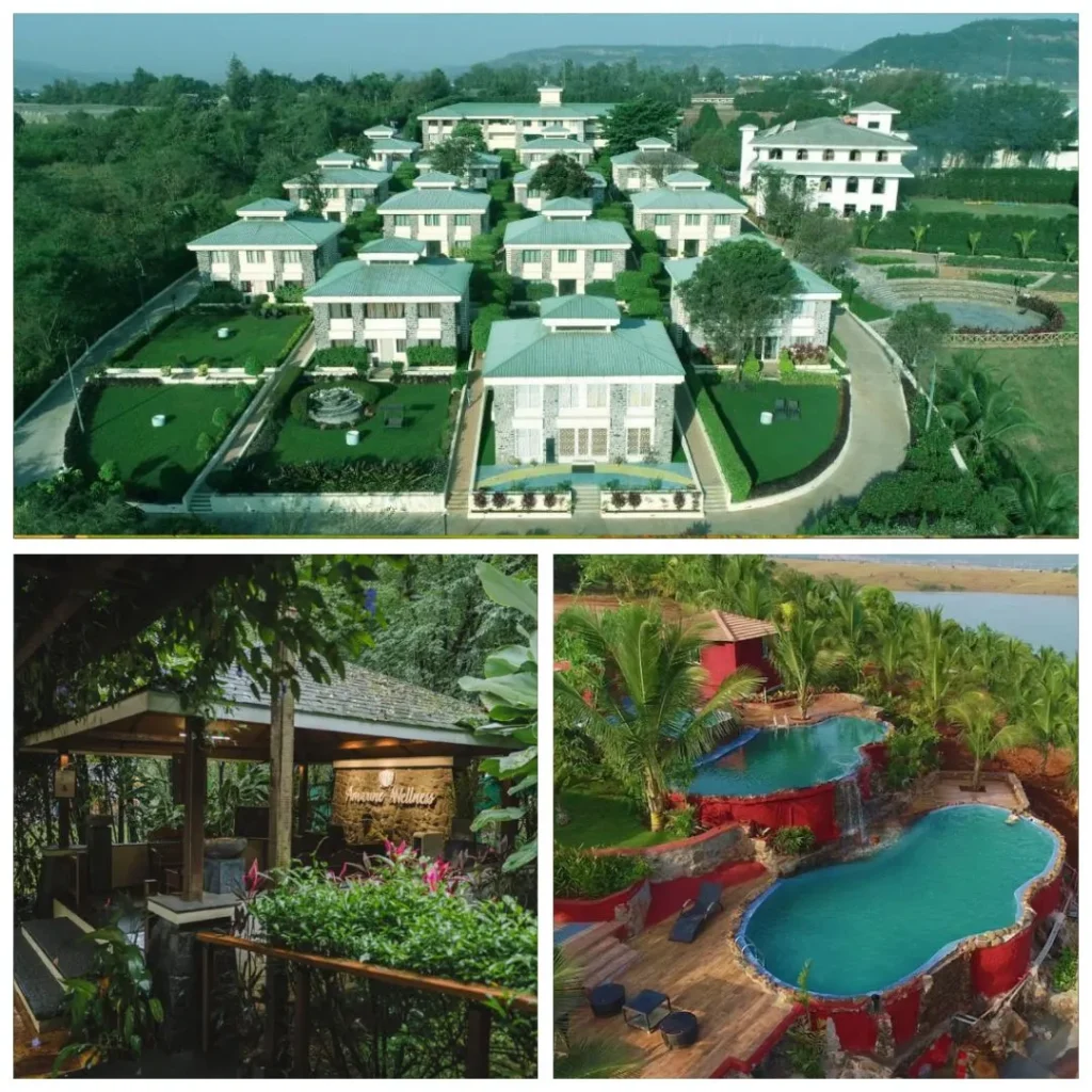 An aerial view of Fazlani Natures Nest in Maval, featuring rows of symmetric stone villas with green roofs and manicured private lawns