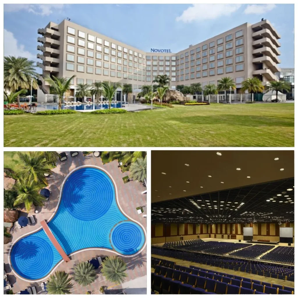 Exterior view of Novotel Hyderabad Convention Centre, an aerial view of the designer swimming pool, and the large-scale pillarless convention hall setup