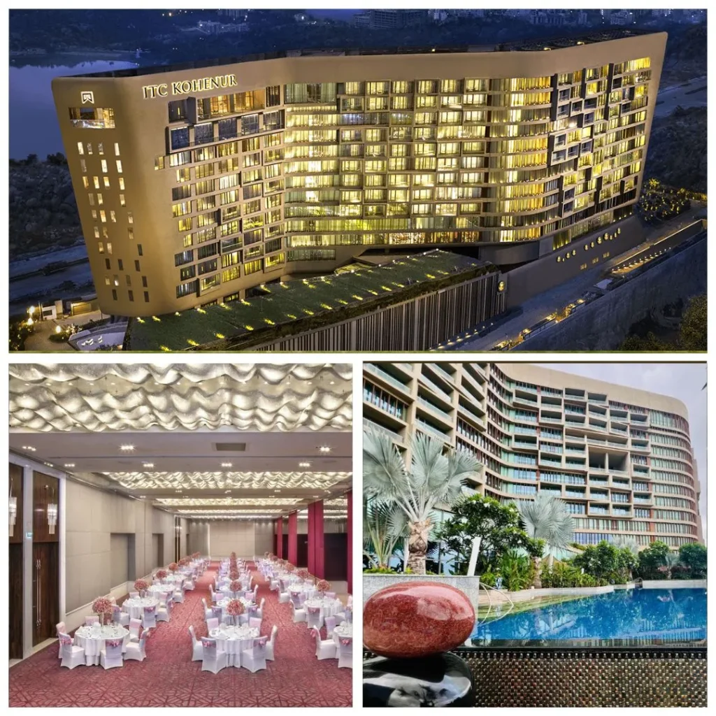 Collage of ITC Kohenur featuring the golden exterior at night, the pillarless Deccan Stateroom ballroom with banquet seating, and the infinity pool area with modern architecture.