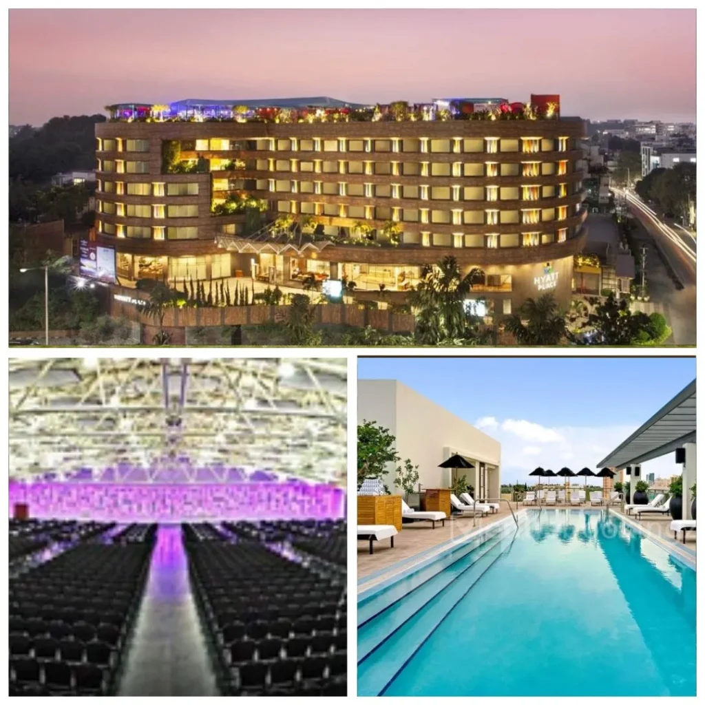 Collage of Hyatt Place Hyderabad Banjara Hills featuring the illuminated curved exterior, a large indoor ballroom with theater-style seating, and the rooftop outdoor swimming pool