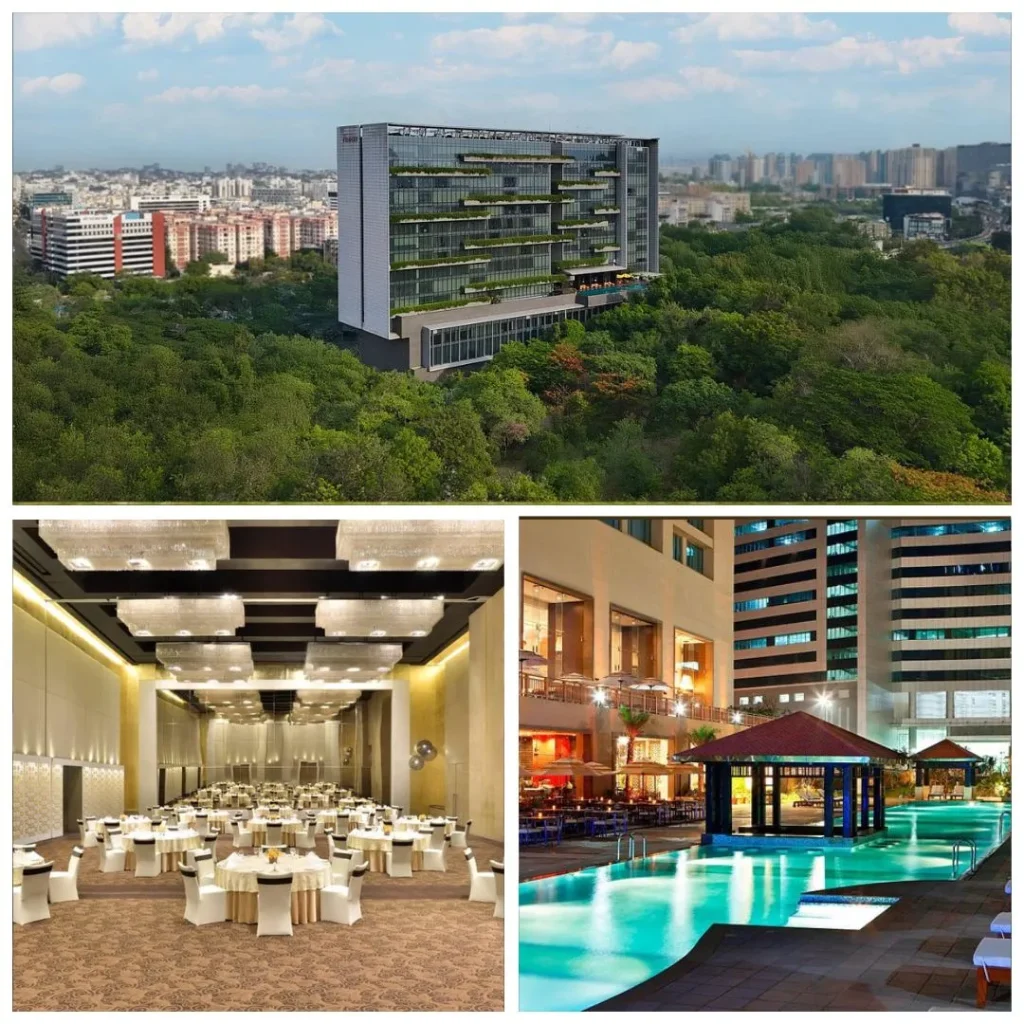 Collage of The Westin Hyderabad Mindspace featuring its modern glass-facade exterior, the expansive Westin Ballroom with elegant chandeliers, and the illuminated poolside lawn with private gazebos