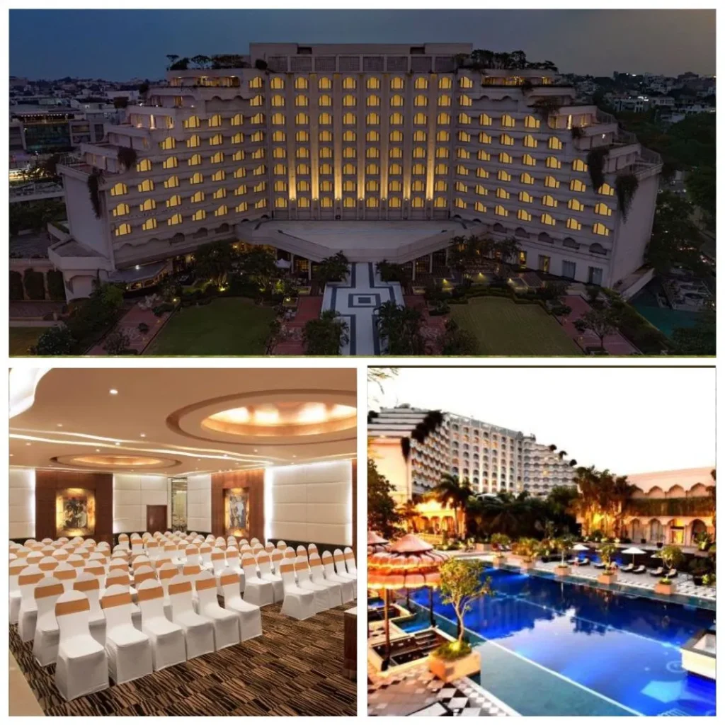 Collage of Taj Krishna Hyderabad featuring the majestic stepped architecture at night, a grand indoor banquet hall with gold-accented seating, and the expansive luxury swimming pool with garden views