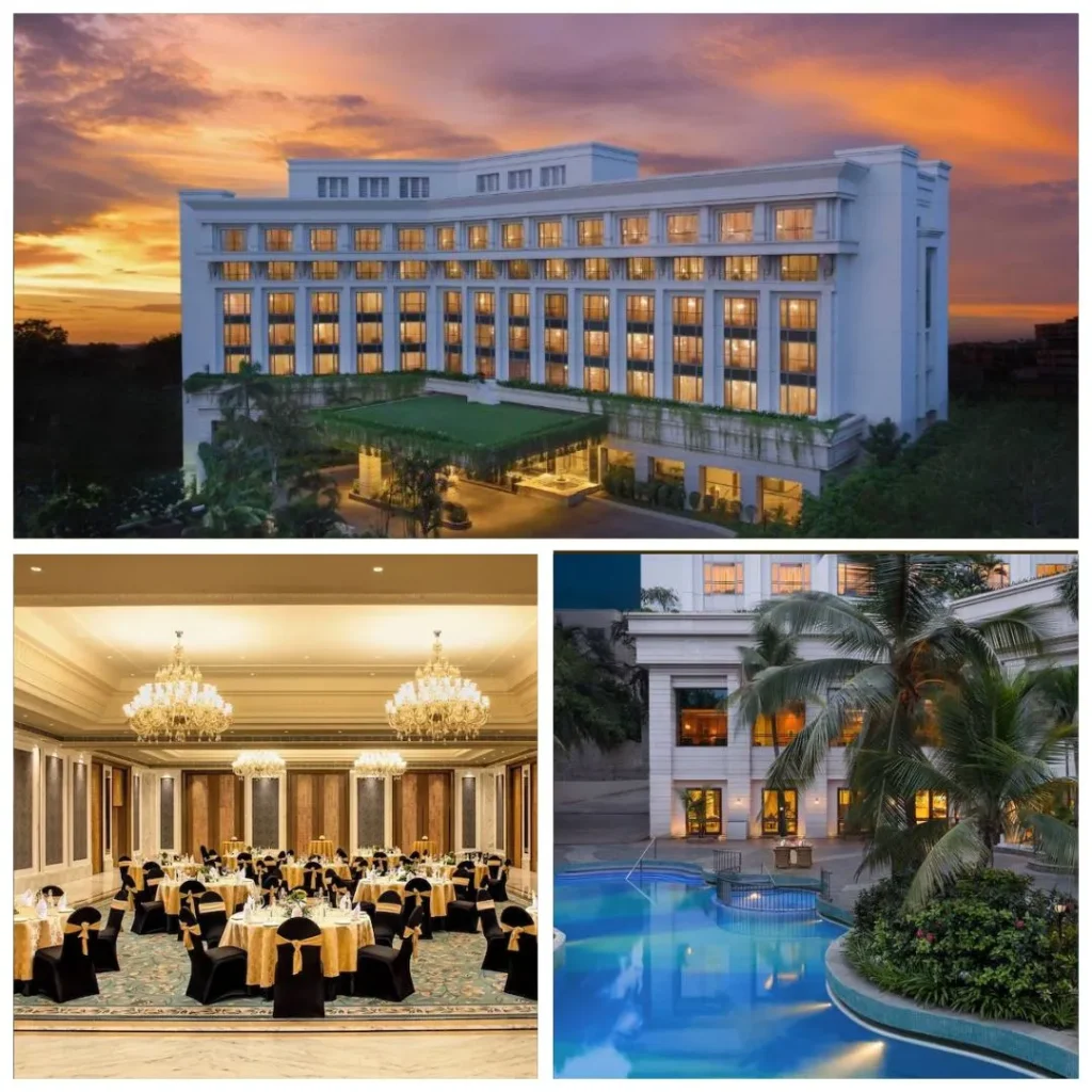 The illuminated grand exterior of ITC Kakatiya in Hyderabad during sunset, showcasing architecture inspired by the Kakatiya Dynasty