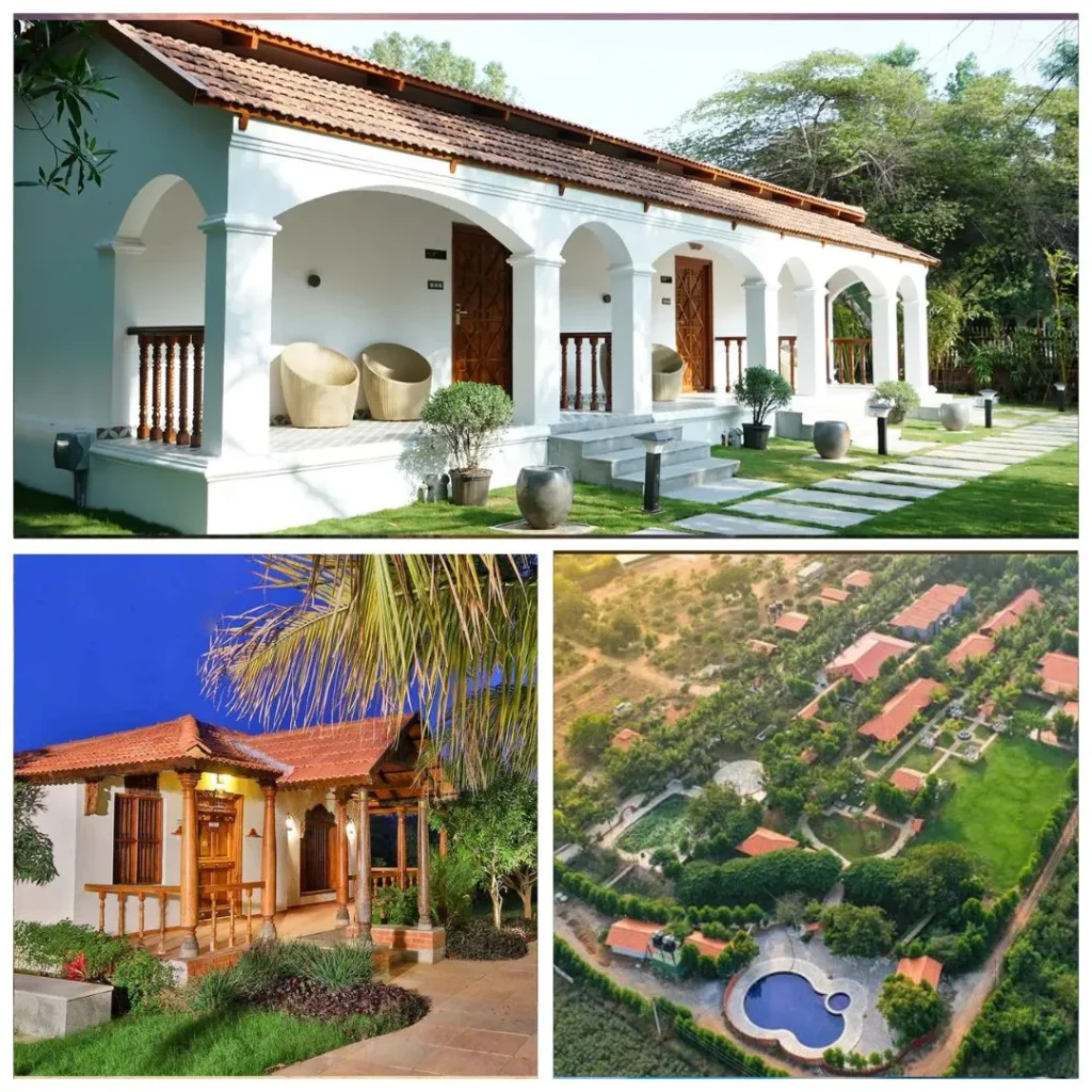 White arched veranda of a heritage-style luxury villa at Browntown Resort, Moinabad, near Hyderabad
