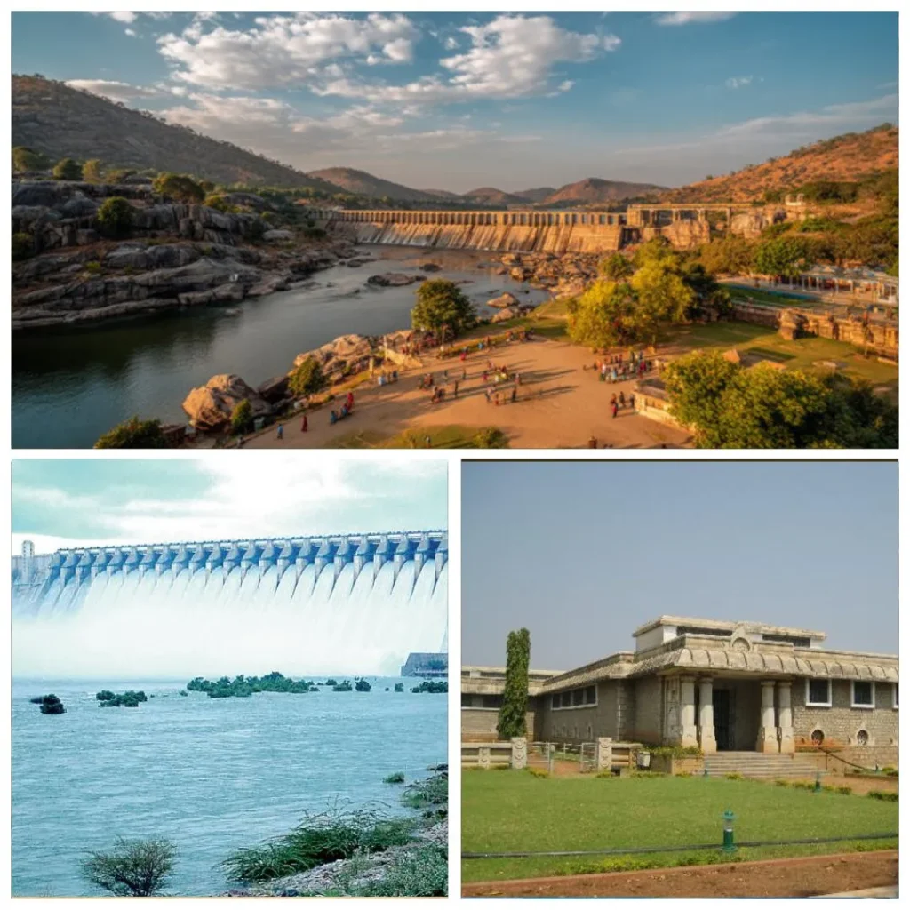 High-angle panoramic view of the Krishna River valley and Nagarjuna Sagar Dam surrounded by rocky hills