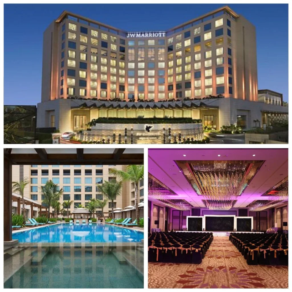 JW Marriott Sahar – The Pinnacle of Corporate Events in Mumbai A collage of JW Marriott Mumbai Sahar featuring the hotel’s modern lit exterior, a massive auditorium-style ballroom setup, and a luxury infinity poolside.