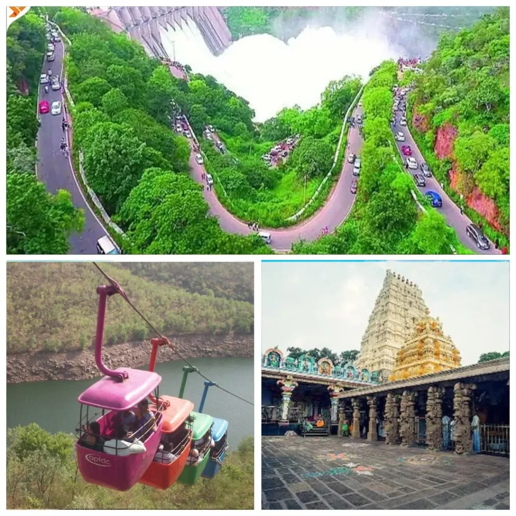 Aerial view of the winding S-curve ghat roads leading through the dense Nallamala Forest towards Srisailam Dam