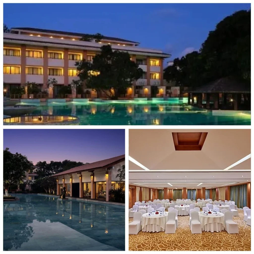 Collage of Radisson Blu Resort Karjat featuring the outdoor swimming pool at night, a reflecting pool, and a corporate banquet hall setup