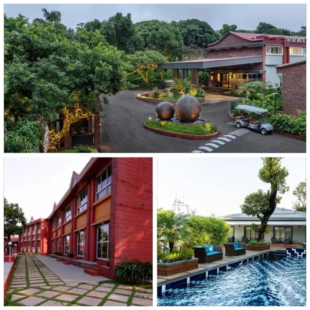 Collage of Fountain Village Mahabaleshwar showing the resort entrance with circular fountains, red brick guest wings, and an outdoor swimming pool with lounge seating.
