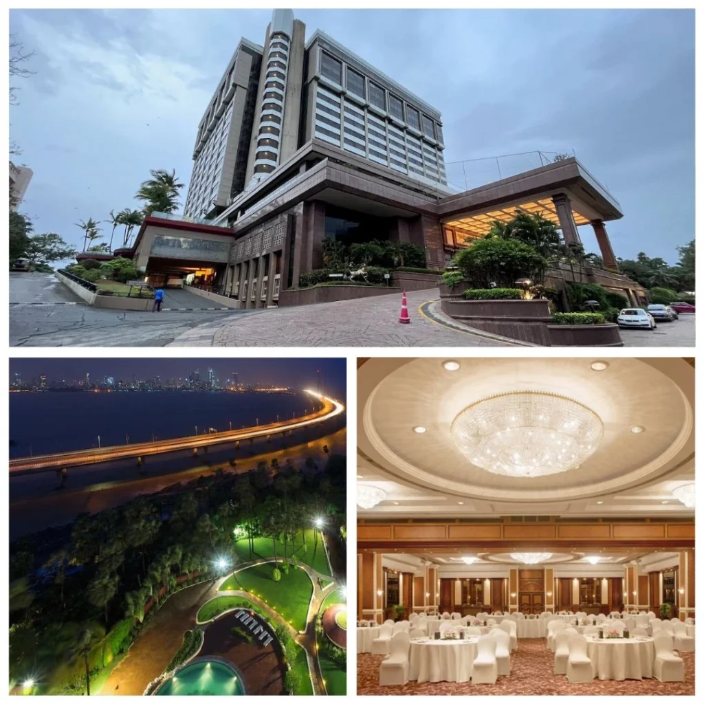 Taj Lands End – Iconic Bandra Hub for Corporate Strategy A collage of Taj Lands End Mumbai showing the iconic hotel exterior, a grand classic ballroom with a large chandelier, and an evening view of the Bandra-Worli Sea Link from the hotel grounds.