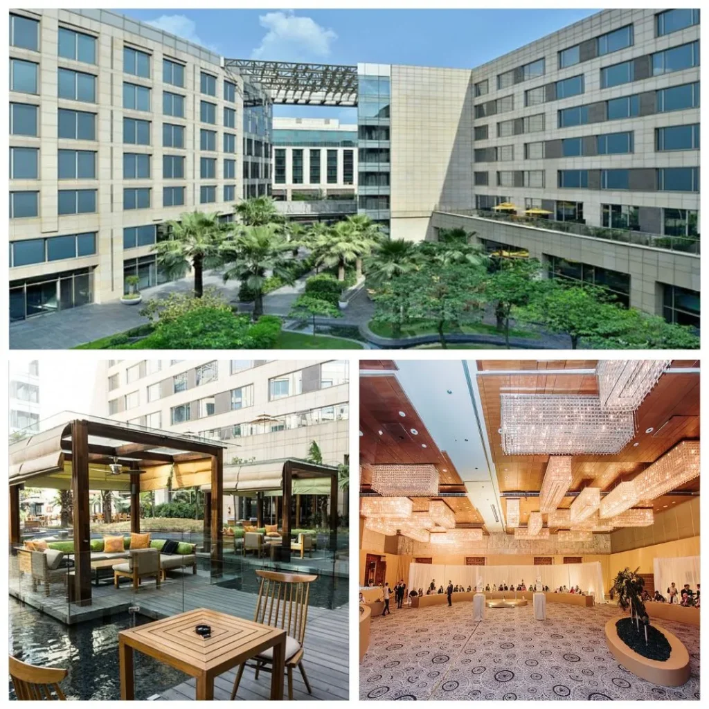 JW Marriott Aerocity - Team Building Venue Delhi Collage of JW Marriott Aerocity showing the modern exterior, luxury poolside cabanas, and the extravagant pillarless Grand Ballroom for corporate events.