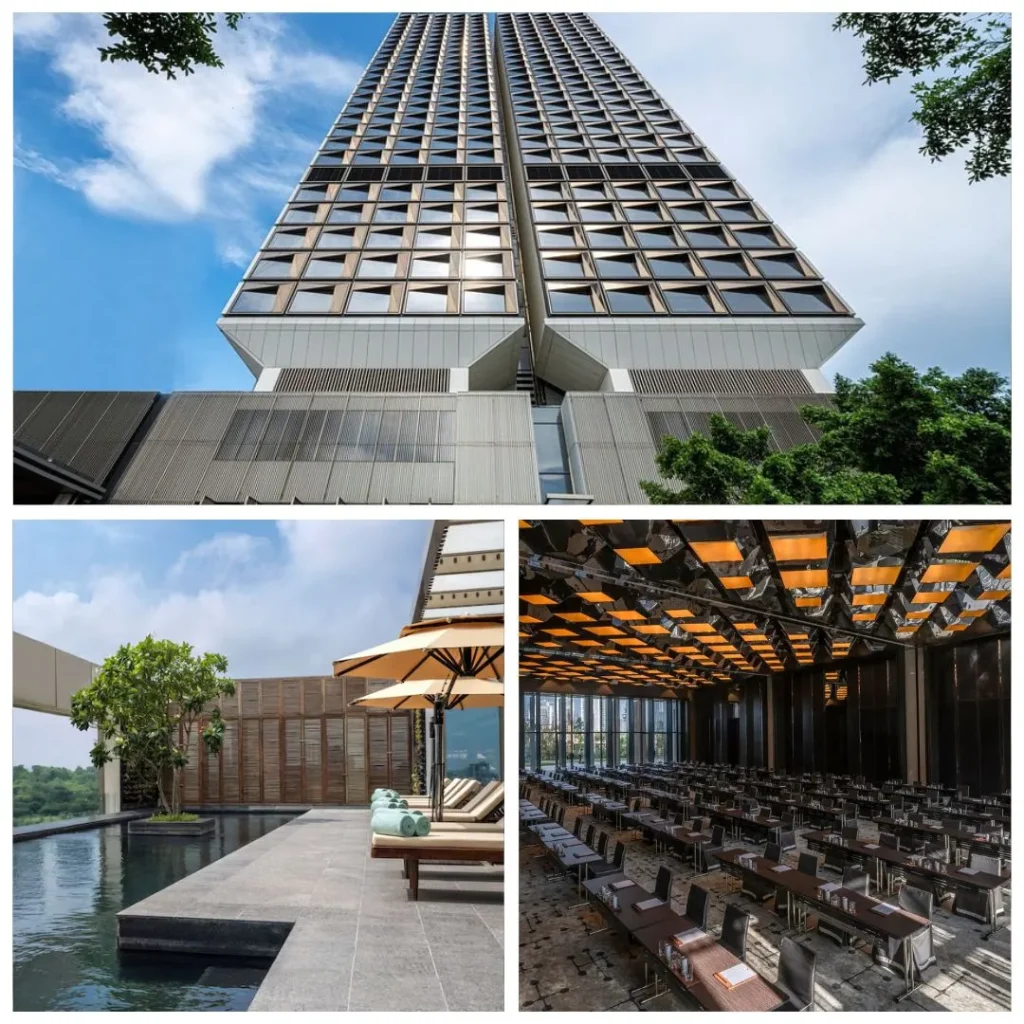 Grand Hyatt Gurgaon - Team Building Scale Specialist A professional collage of Grand Hyatt Gurgaon featuring its iconic towering geometric facade, a luxury rooftop infinity pool with loungers, and a high-capacity modern boardroom setup with unique ceiling light installations.