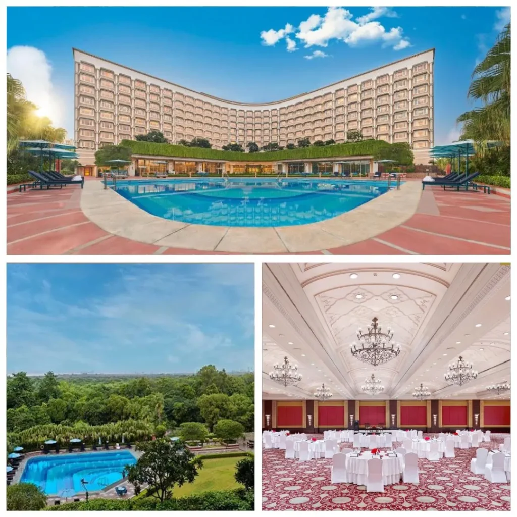 Taj Palace Chanakyapuri - CXO Leadership Venue A collage of Taj Palace New Delhi featuring the grand curved facade overlooking a large outdoor pool, a scenic aerial view of the lush greenery and second pool, and the regal Durbar Hall ballroom with ornate chandeliers and red accents.