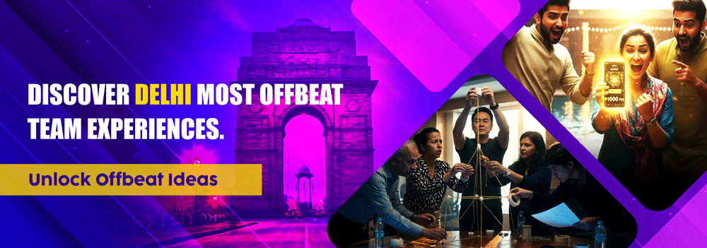 Team building participants engaged in offbeat group activities in Delhi with India Gate background