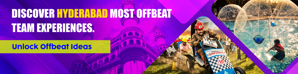Digital banner for offbeat team building in Hyderabad featuring the Charminar monument, a corporate soapbox kart racing challenge, and zorbing activities