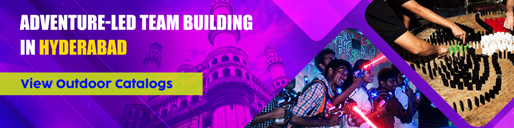 Digital banner for adventure-led team building in Hyderabad featuring the Charminar monument, a group playing laser tag, and a close-up of a complex domino-based chain reaction challenge