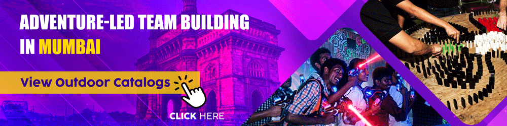 Corporate outdoor adventure activities in Mumbai including laser tag and domino challenges with Gateway of India landmark