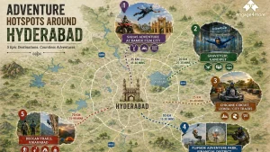 An illustrated map by engage4more showing 5 epic adventure hotspots around Hyderabad, including Sahas Adventure, GravityZip, Chicane Circuit, Flipside Adventure Park, and Deccan Trails