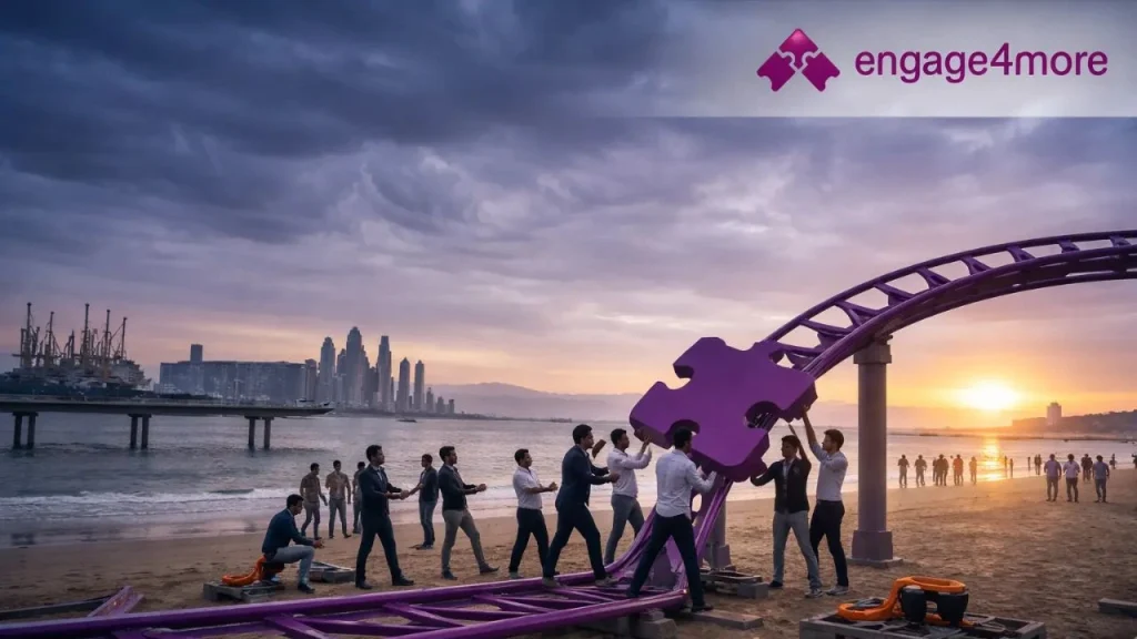 A corporate team collaborating on a purple puzzle-piece structure on a beach at sunset, representing engage4more’s team building expertise in India.