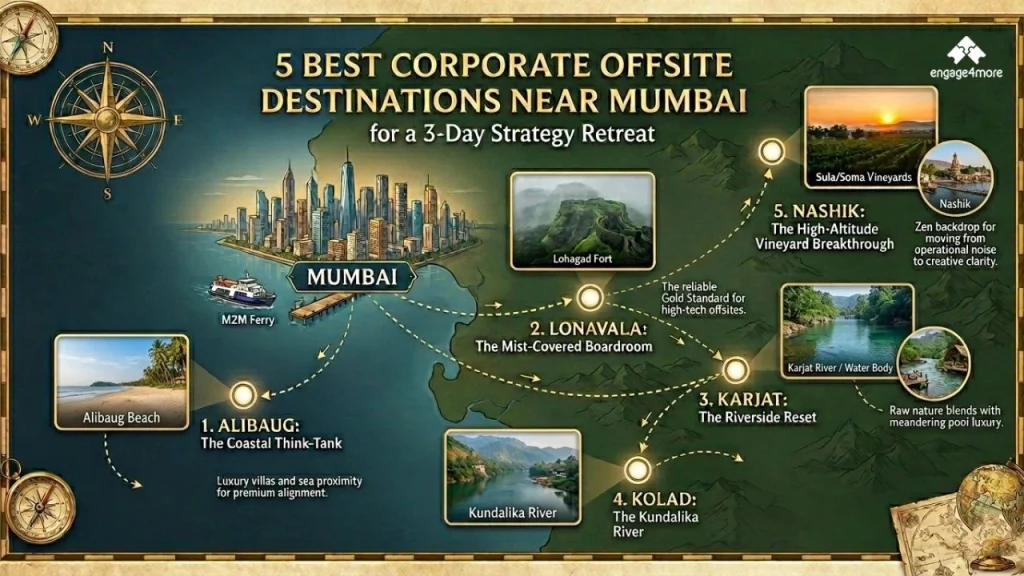 An illustrated map showing 5 top corporate offsite destinations near Mumbai: Alibaug, Lonavala, Karjat, Kolad, and Nashik, featuring travel routes like M2M Ferry and Kundalika River.