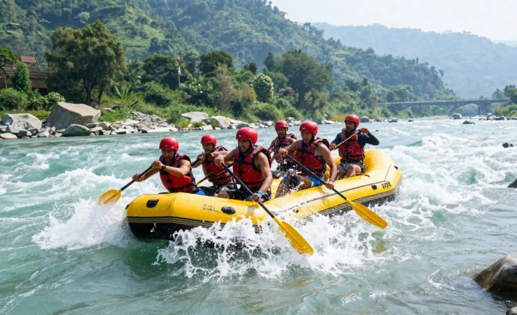 10 Best Corporate Offsite Destinations Near Delhi NCR for a 3-Day Strategy Retreat A high-energy action shot of five corporate professionals in red helmets and life jackets paddling a yellow inflatable raft through white-water rapids on the turquoise Ganga river, with lush green hills and a bridge in the background.