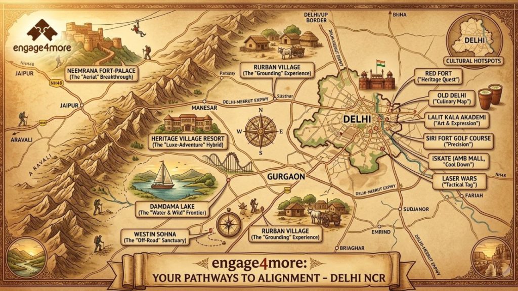 A cinematic illustrated map of Delhi NCR featuring corporate team building hotspots including Neemrana Fort, Damdama Lake, and the Aravali range.