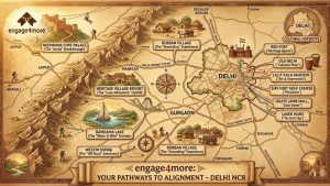 5 High-Octane Adventure Hotspots for Team Outings in Delhi NCR A cinematic illustrated map of Delhi NCR featuring corporate team building hotspots including Neemrana Fort, Damdama Lake, and the Aravali range.