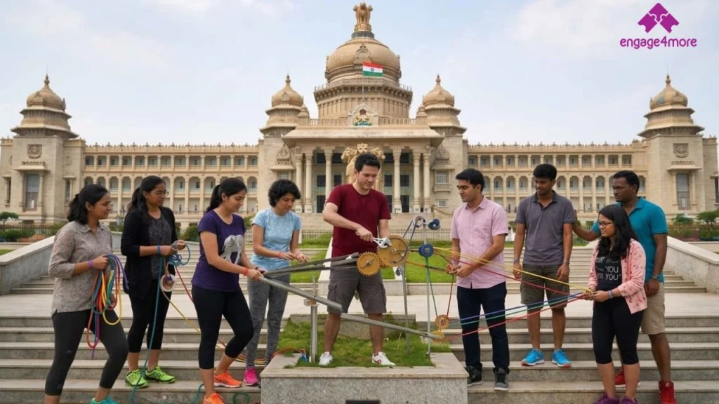 A diverse corporate team performs engage4more's 'Chain Reaction Chase' activity using ropes and gears in front of the Vidhana Soudha in Bengaluru.